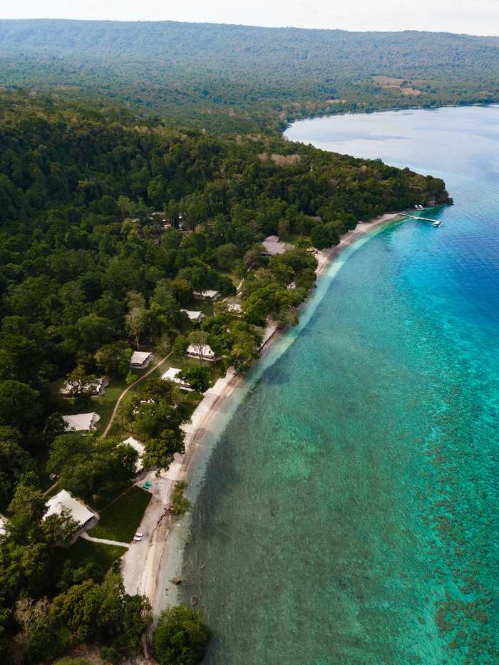 Aerial view of a tropical coastline with Amanwana's accommodation tucked into the forest and clear turquoise water.