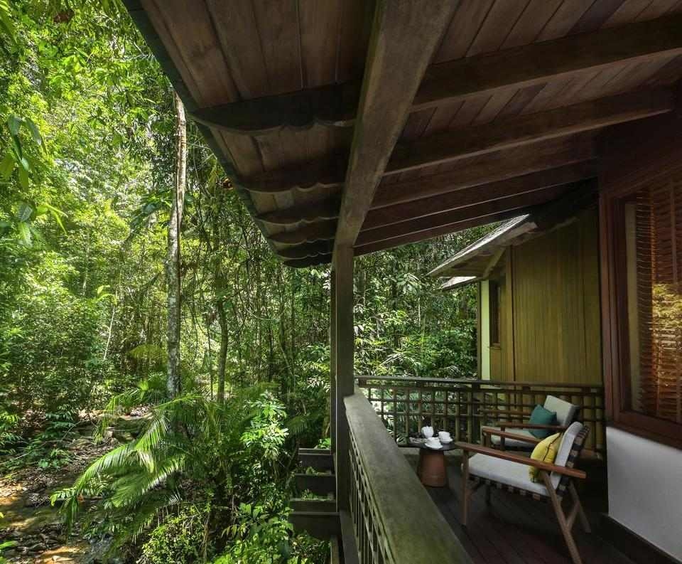 Wooden villa balcony with two chairs and a tea set facing a dense green jungle.