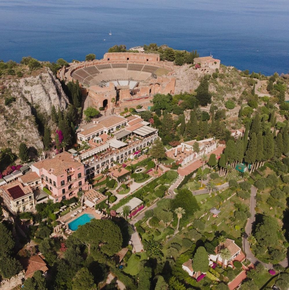 Aerial view of Belmond Grand Hotel Timeo and Greek amphitheatre