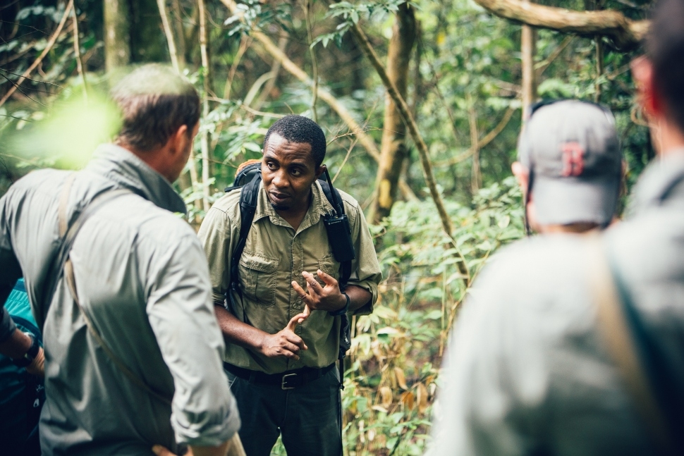 Group of people in a forest, one person gesturing, with backpacks and casual attire.