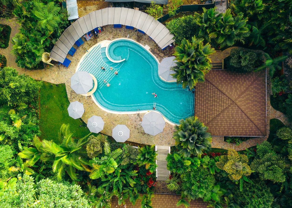 Aerial view of the outdoor swimming pool at Hotel Rio Celeste, Costa Rica