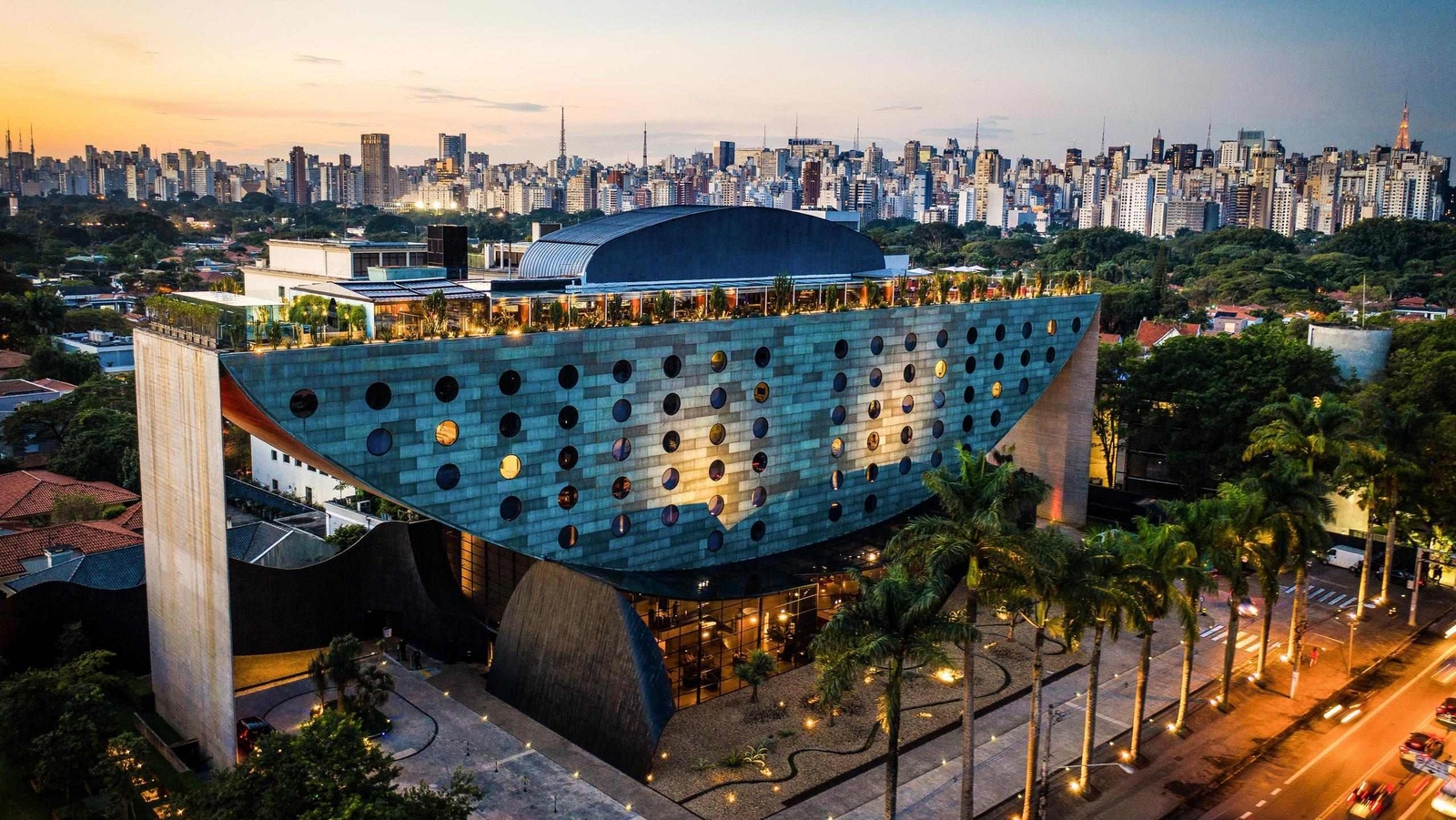 The exterior of Hotel Unique in Sao Paulo at dusk