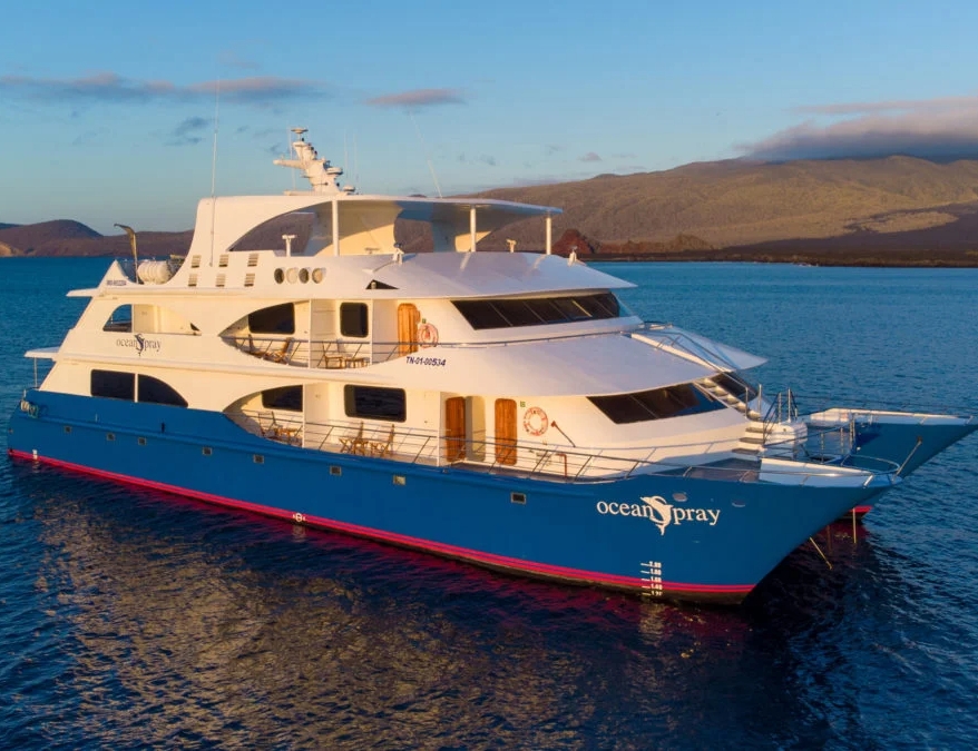 Aerial view of the Ocean Spray yacht moored at sea, the Galapagos Islands, Ecuador