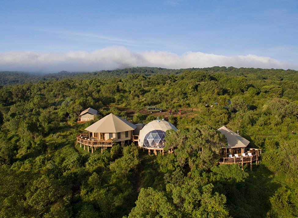 Aerial view of modern dome-shaped safari tents on raised wooden decks surrounded by dense green forest and low clouds.