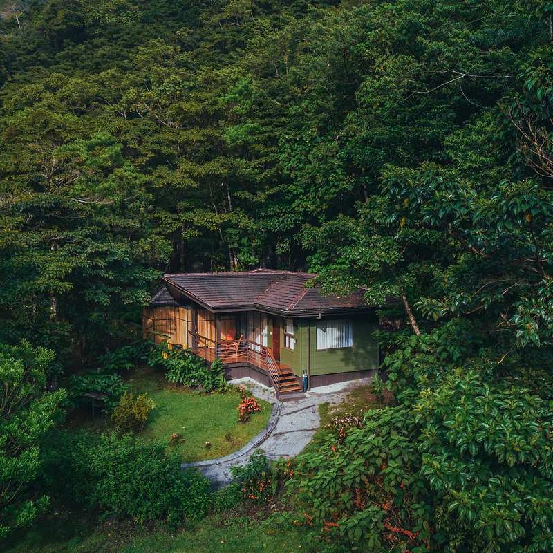An aerial of a suite at El Silencio in Costa Rica surrounded by dense forest.