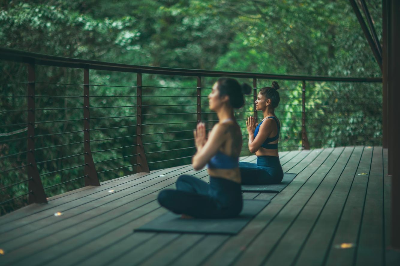 Two people doing yoga on a wooden outdoor deck overlooking a dense tree canopy.