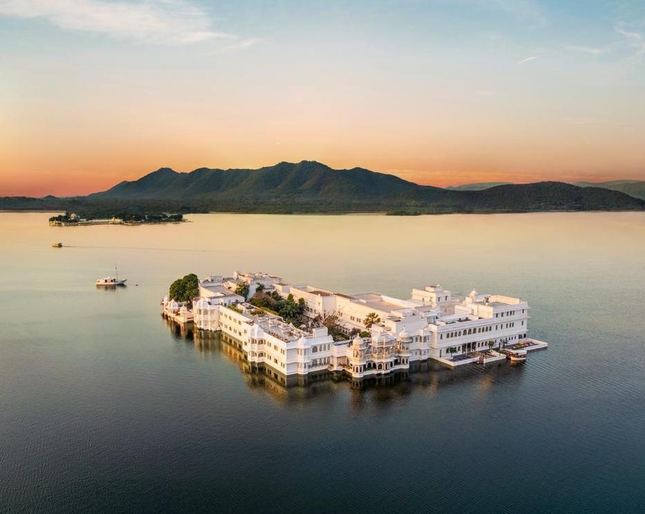 An aerial of the Taj Lake Palace in Udaipur, India.