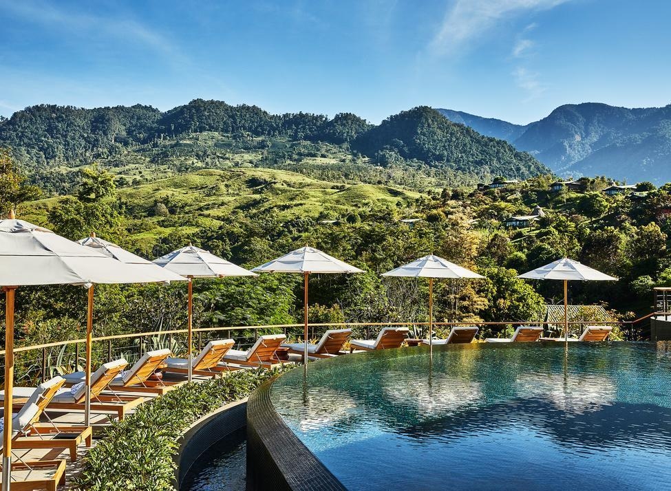 An infinity pool with sun loungers and umbrellas overlooking a scenic green mountain range.