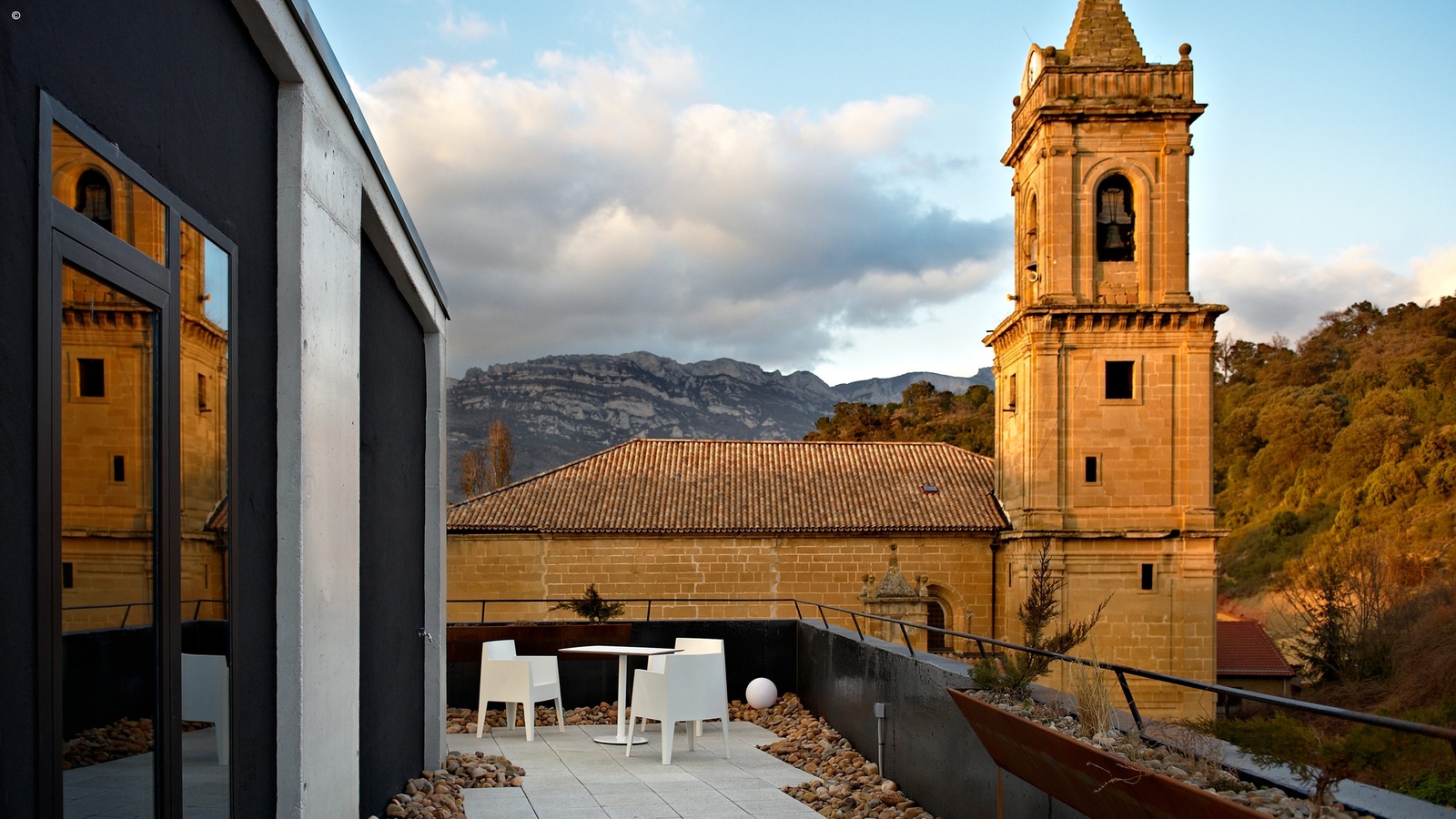 Restaurant terrace at Hotel Viura, La Rioja, Spain