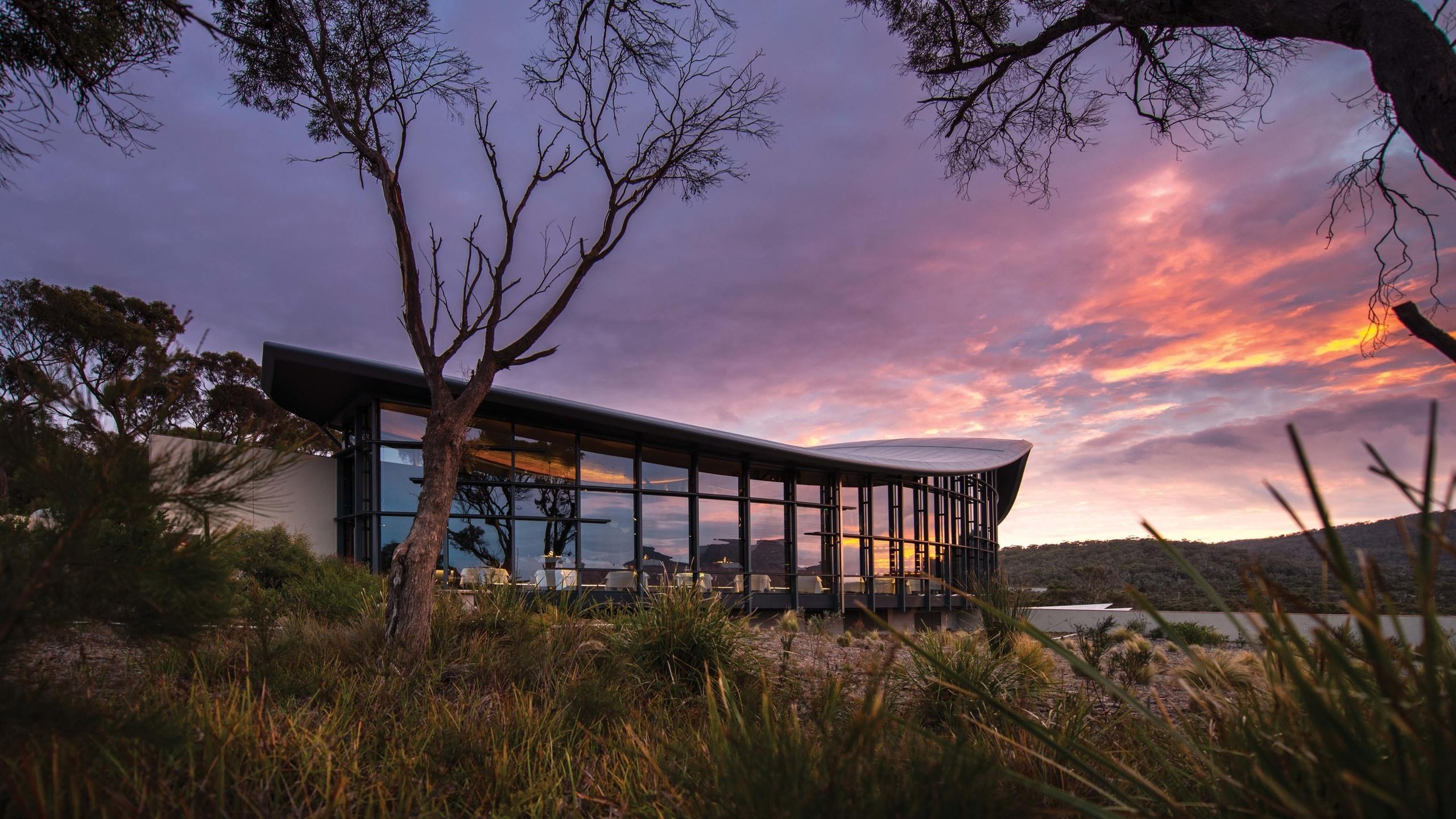 The exterior of Saffire Freycinet at sunset