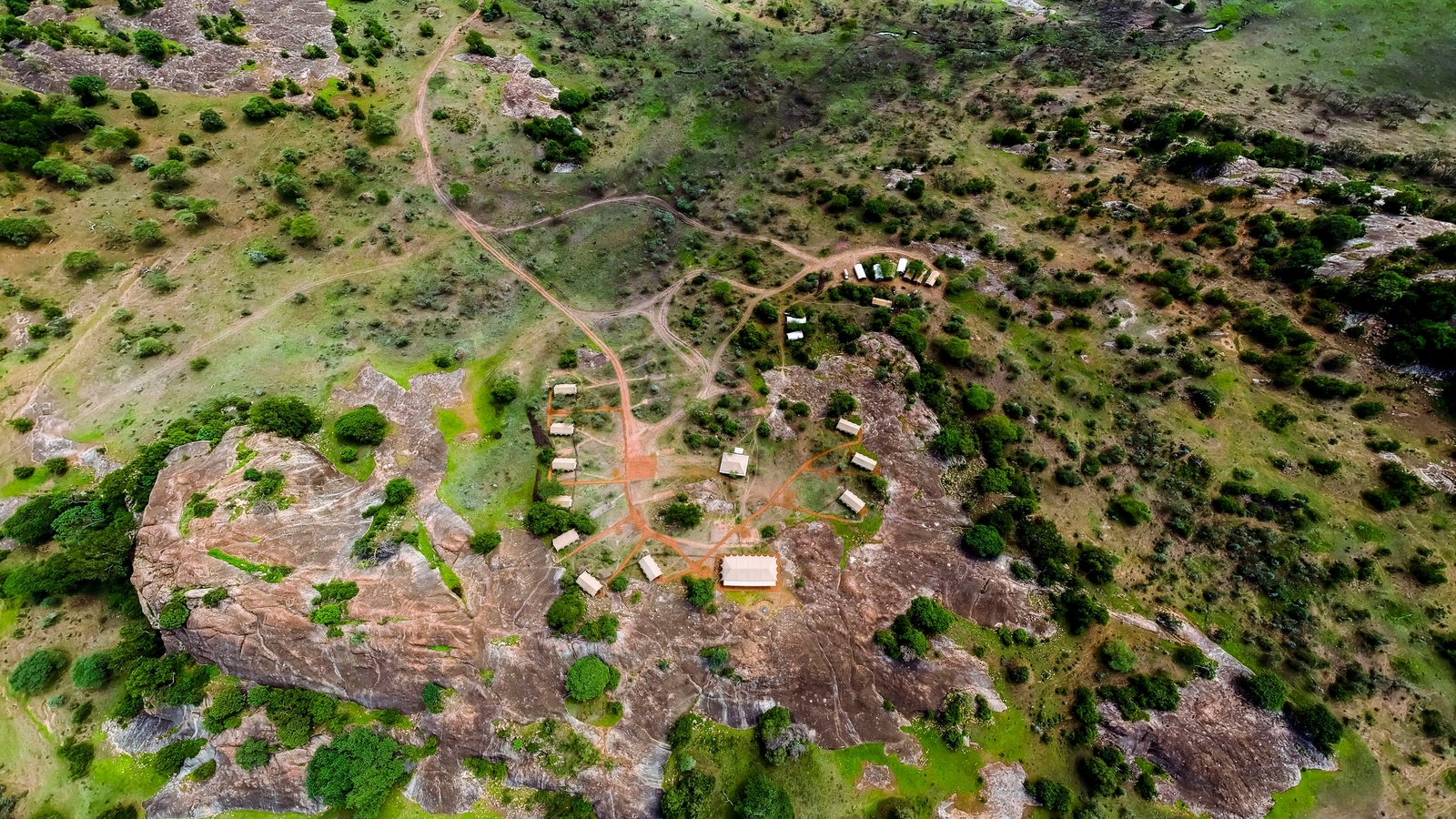 Aerial view of safari camp in the Serengeti