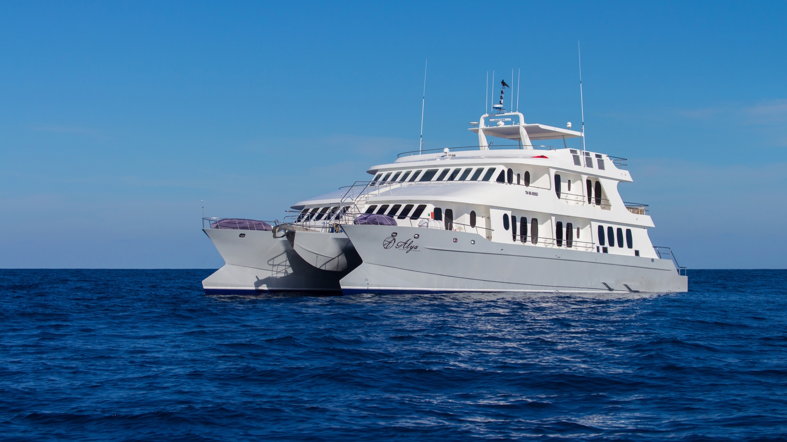 The Alya catamaran moored at sea, the Galapagos Islands, Ecuador