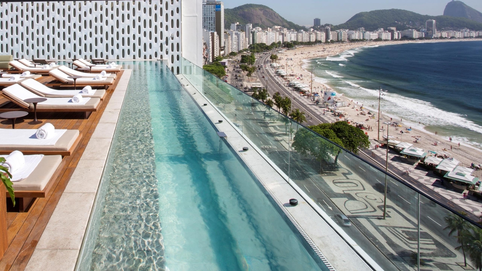 Aerial view of the rooftop pool at Emiliano Rio hotel with views over Copacabana Beach