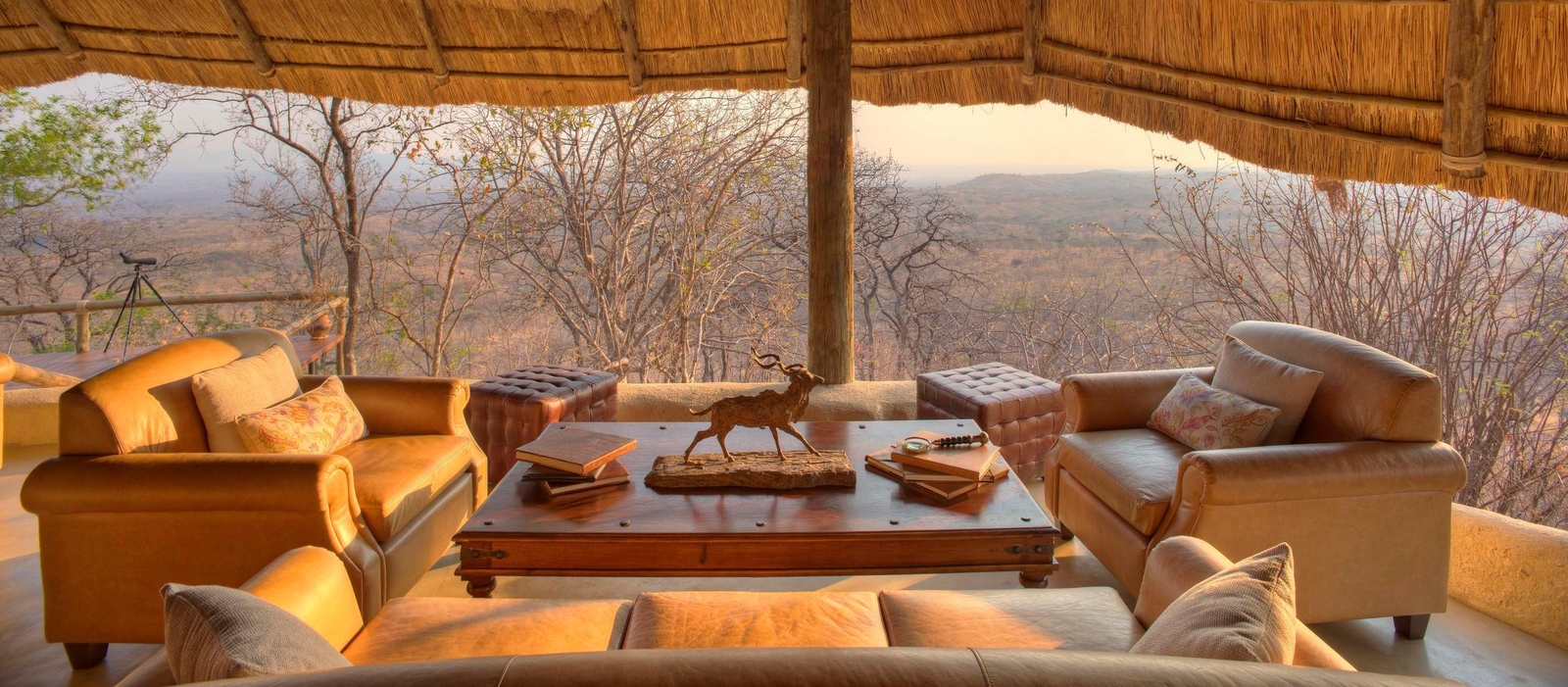 The panoramic main lounge area of Ikuka Safari Camp overlooking the bush.