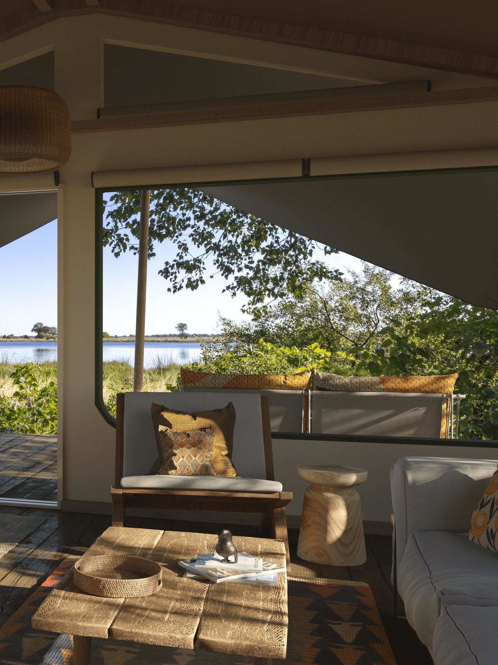 One of Maxa Camp's elegantly styled tented bedrooms, overlooking the lagoon.