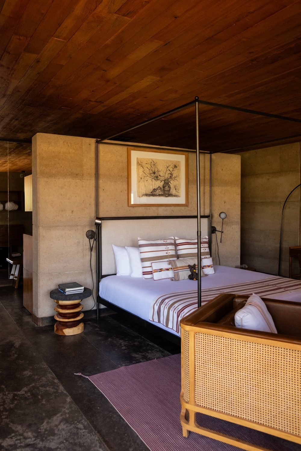 Bedroom interior with double bed at Casa Ocho, Valle de Guadalupe