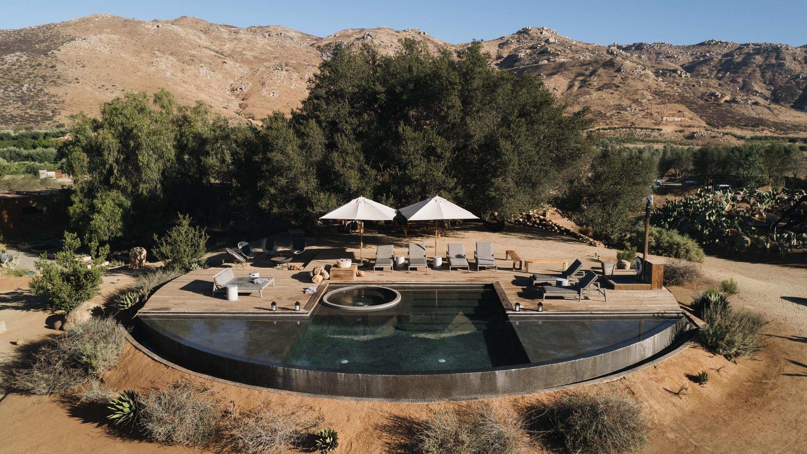 Aerial view of the outdoor infinity pool at Casa Ocho, Valle de Guadalupe