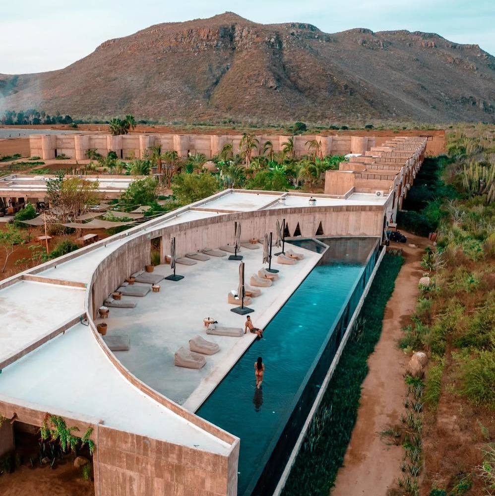 aerial view of the infinity pool and terrace at Paradero in Todos Santos