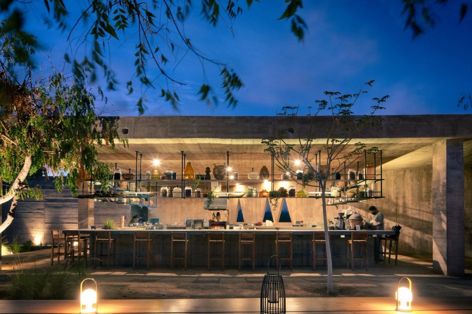 View into the restaurant at Paradero in Todos Santos at night