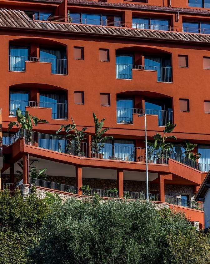 La Roqqa's terracotta-coloured exterior.