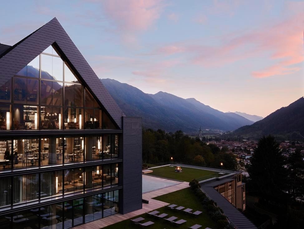 View of Lefay Dolomiti resort at sunset
