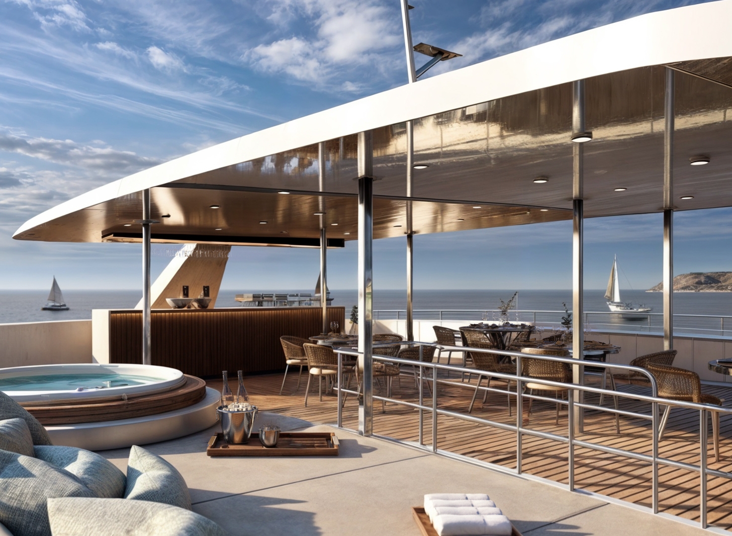 An open-air boat deck with a whirlpool, deckchairs with pillows, a bar and some tables with a covered area for shade. In the background, sailboats on water, a rock formation and blue sky with white clouds.