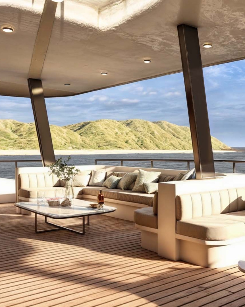 An open-air boat deck with a banquette seating with pillows and low coffee tables and sun shining onto the brown deck. In the background, a railing of the boat deck, and the sea and blue sky with green mountains.
