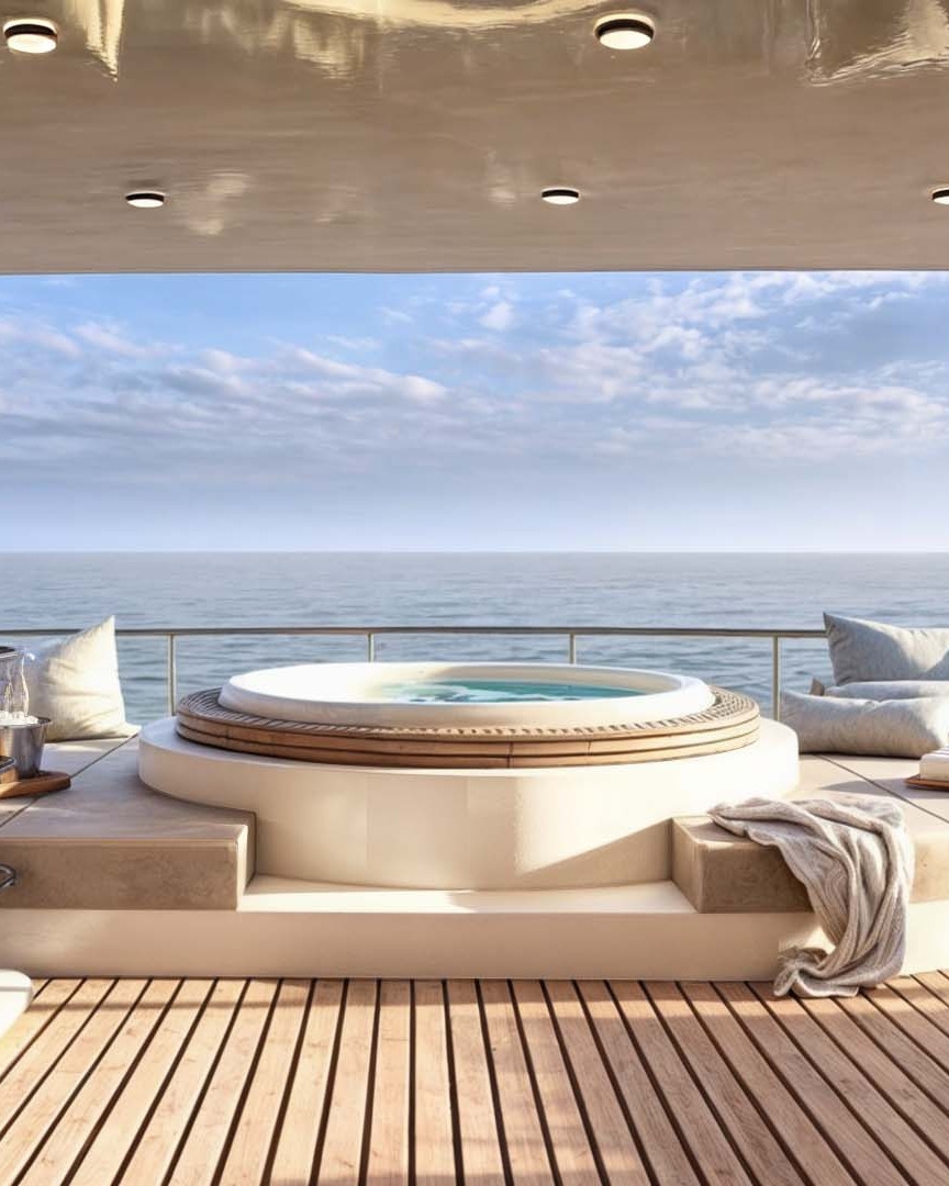 An open-air boat deck with a whirlpool, deckchairs with pillows. In the background, a railing of the boat deck, and the sea and blue sky with white clouds.