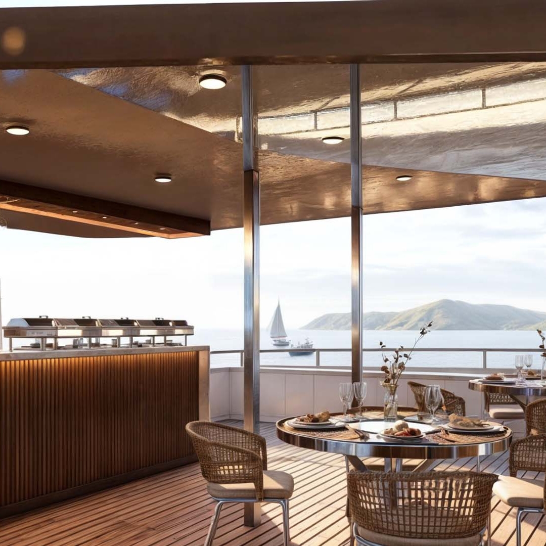 An open-air boat deck with a bar and some tables with a covered area for shade. In the background, sailboats on water, a rock formation and white, sunny sky.