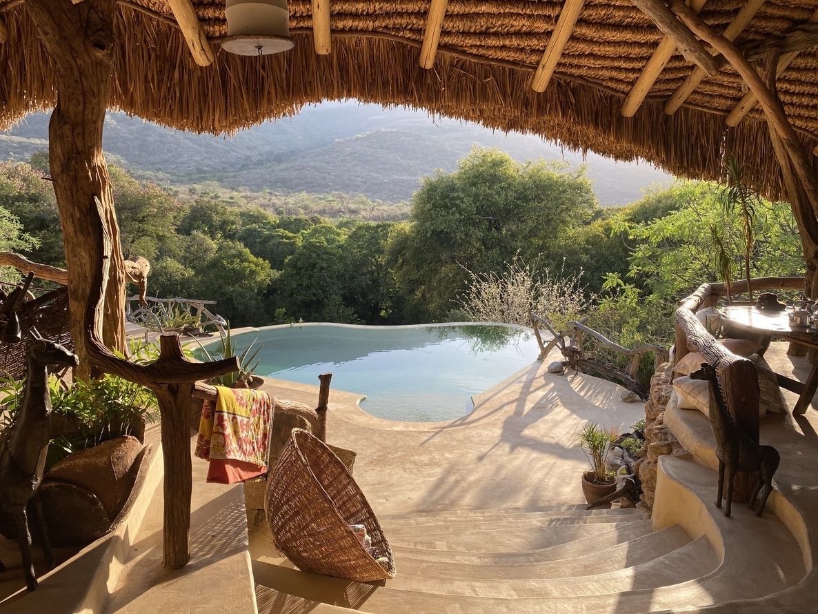 The swimming pool area at Sarara Treehouses overlooking the forest.