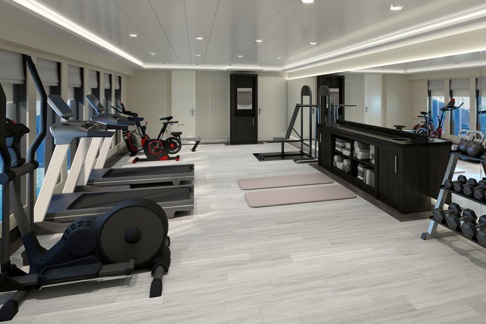 Gym with cardio equipment and weights.