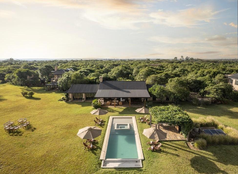Aerial view of Amani House with a swimming pool and outdoor seating area surrounded by a lush forest.