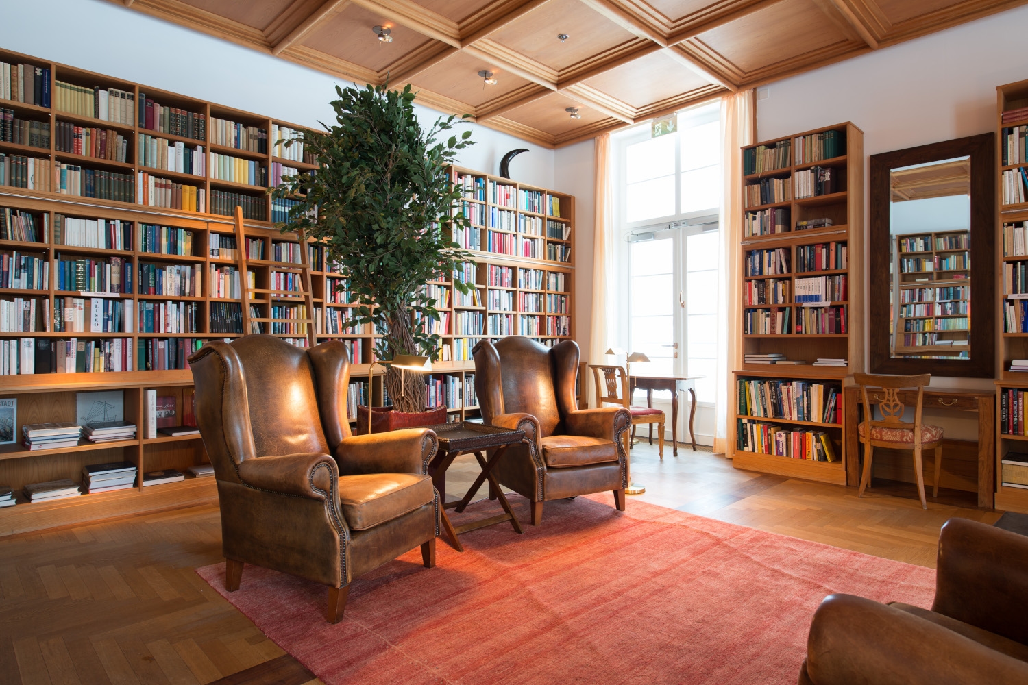 Interior of a hotel library with floor-to-ceiling bookshelves, a potted tree and two leather lounge chairs on a red rug.