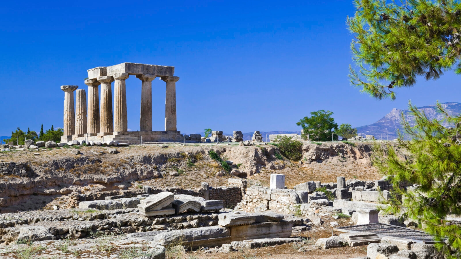 Ruins of temple in Corinth, Greece - archaeology background