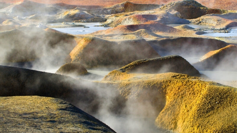 Geyser Sol de Manana in Eduardo Avaroa National Park in Altiplano of Bolivia, Andes