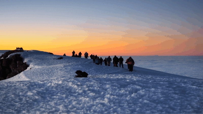 Sunrise over a snowy peak of Mount Kilimanjaro