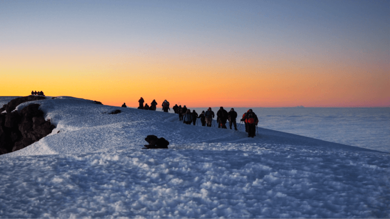 Sunrise over a snowy peak of Mount Kilimanjaro