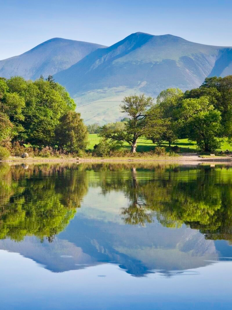 Calm lake reflecting green trees and a large, smooth mountain under a bright blue sky in a pastoral landscape.