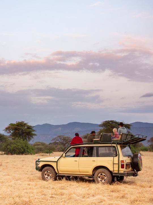 A group takes a luxury Kenya family safari game drive, with people seated on the roof of a customized 4x4 vehicle.