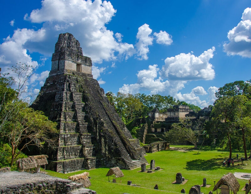 Large, ancient, stepped Mayan pyramid temple in Tikal surrounded by bright green grass and dense tropical trees.
