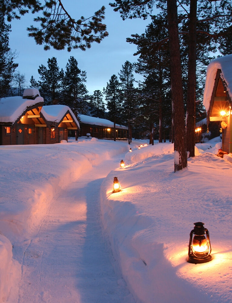 A snowy path lit by small lanterns leading past wooden cabins in a winter forest setting, perfect for luxury Norway tours.