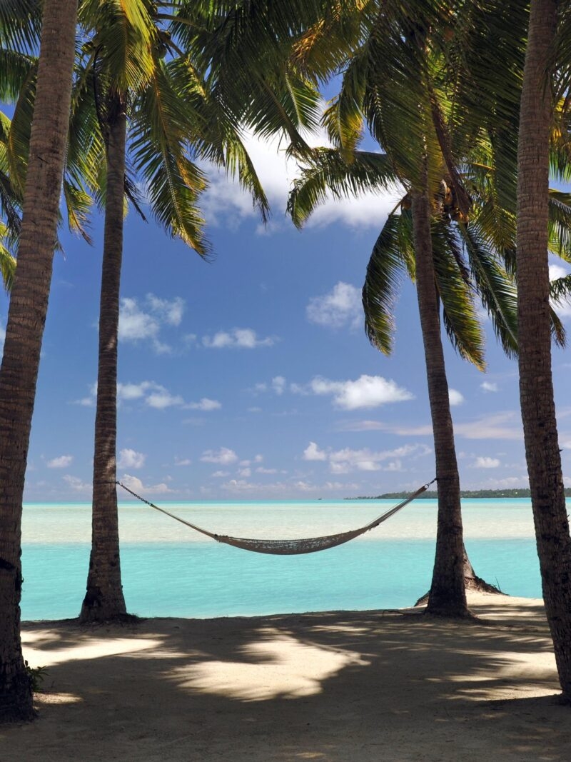 Relaxing hammock between palm trees on a tropical beach during luxury French Polynesia vacations.