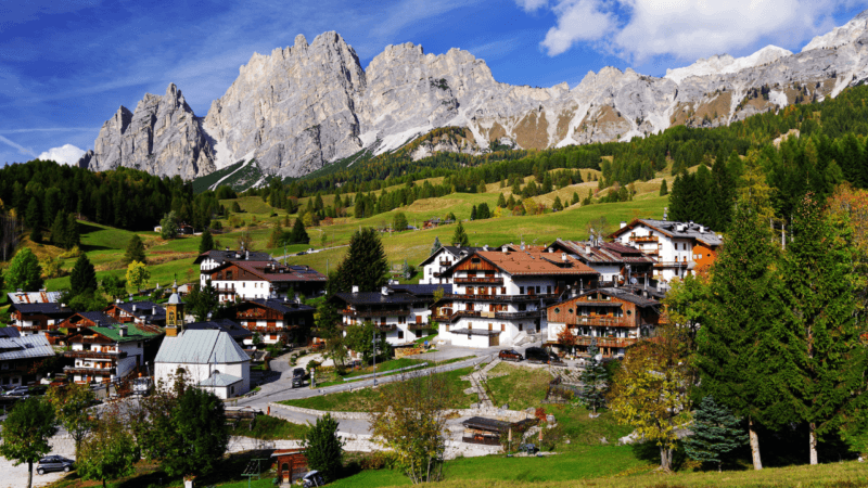 A picturesque mountain village with chalets and a church nestled in a green valley below towering grey peaks.