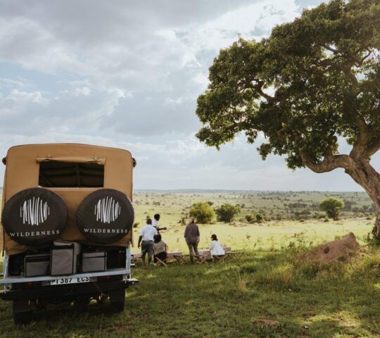 A small group of travellers and their safari guides stopping for lunch next to their safari vehicle, Serengeti National Park, Tanzania.