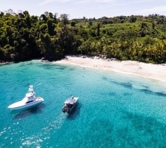 A private yacht by a beach at Islas Secas, Panama
