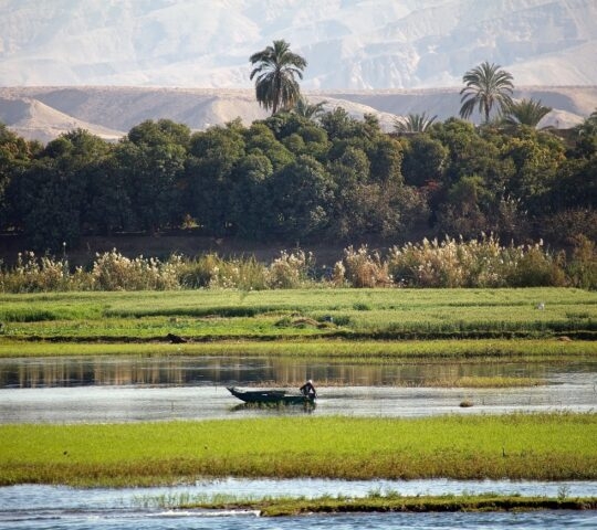 Landscape along the Nile river between Luxor and Aswan, Egypt. Landscape and fisherman