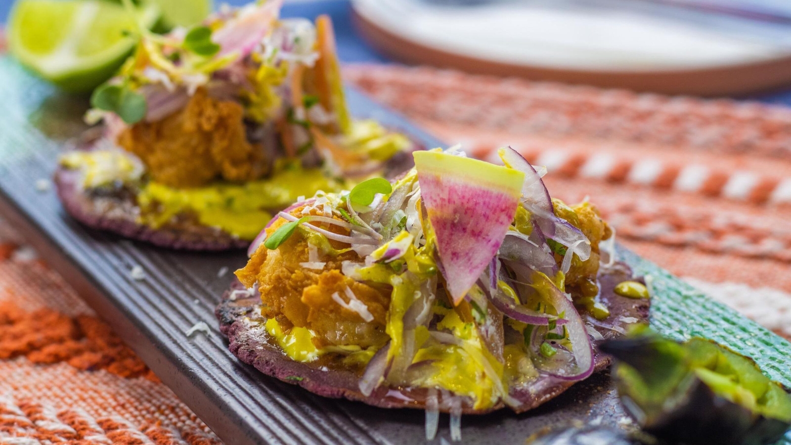 Peruvian food shot at both top-down and close-up shots