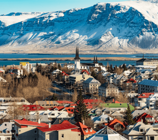 Vibrant rooftops of a town with snowy mountains in the background.