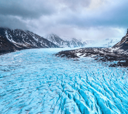 A large blue glacier from above