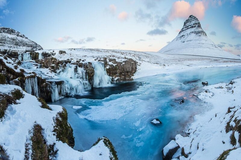 Kirkjufell waterfall with mountain in winter, Iceland